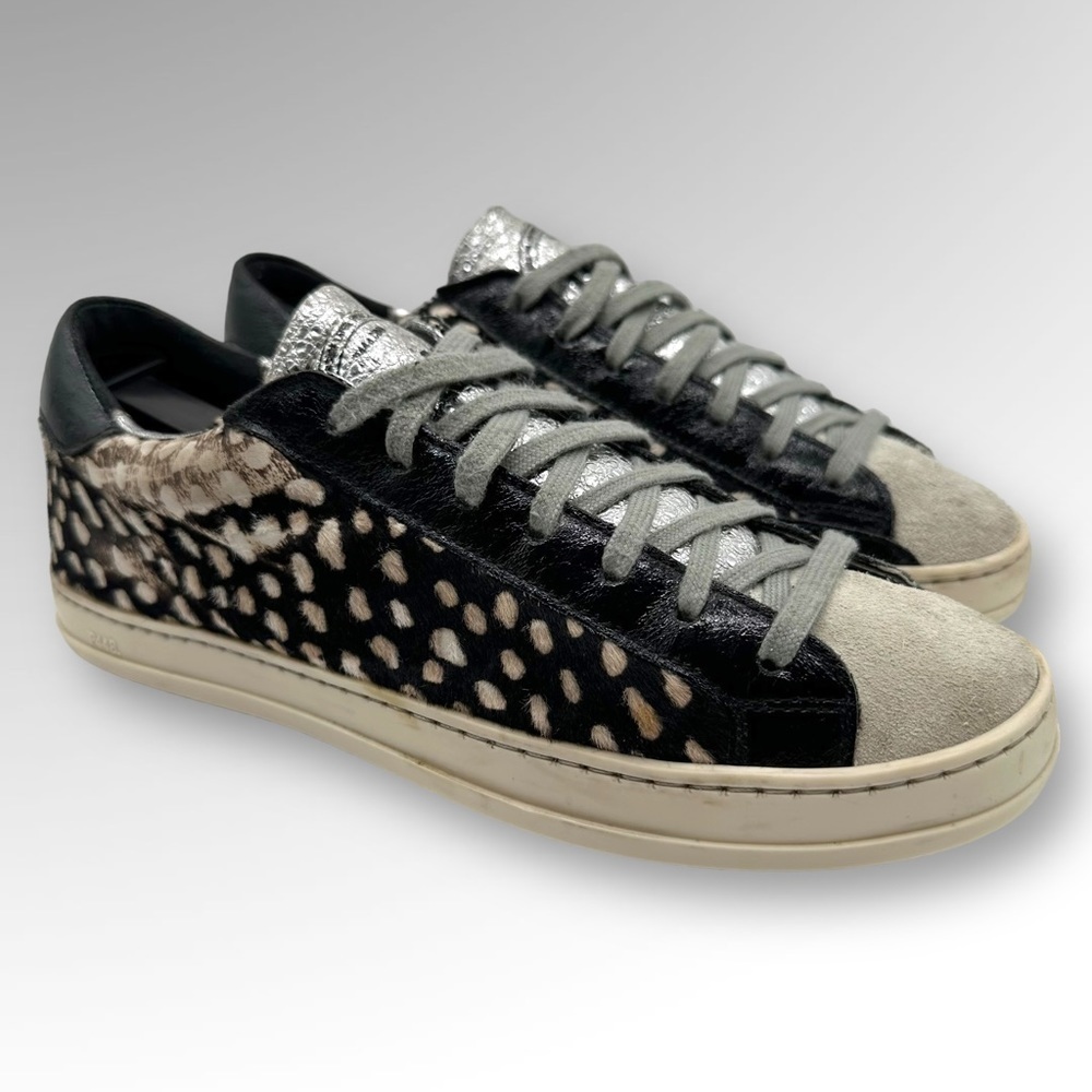 P448 JOHN LOW TOP SNEAKER SHOE BLACK SPOTS SILVER GRAY NEW Calf Hair